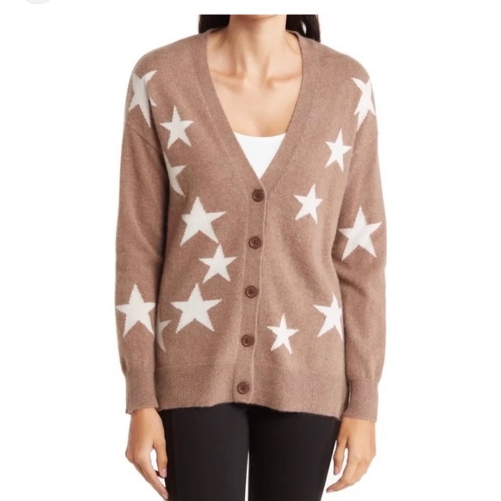 MAGASCHONI 100% Cashmere Star V-Neck Longline Cardigan Camel‎ White Small